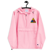 1st Armored Division Pink Champion packable jacket with a detailed embroidered logo