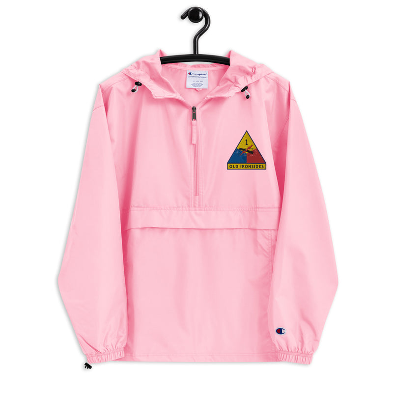 1st Armored Division Pink Champion packable jacket with a detailed embroidered logo