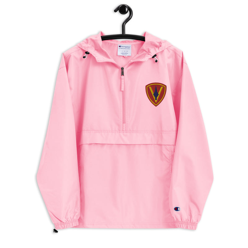 5th Marine Division Pink Champion packable jacket with a detailed embroidered logo
