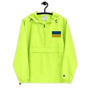 Ukrainian Flag Safety Green Champion packable jacket with a detailed embroidered logo