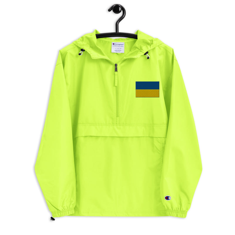Ukrainian Flag Safety Green Champion packable jacket with a detailed embroidered logo