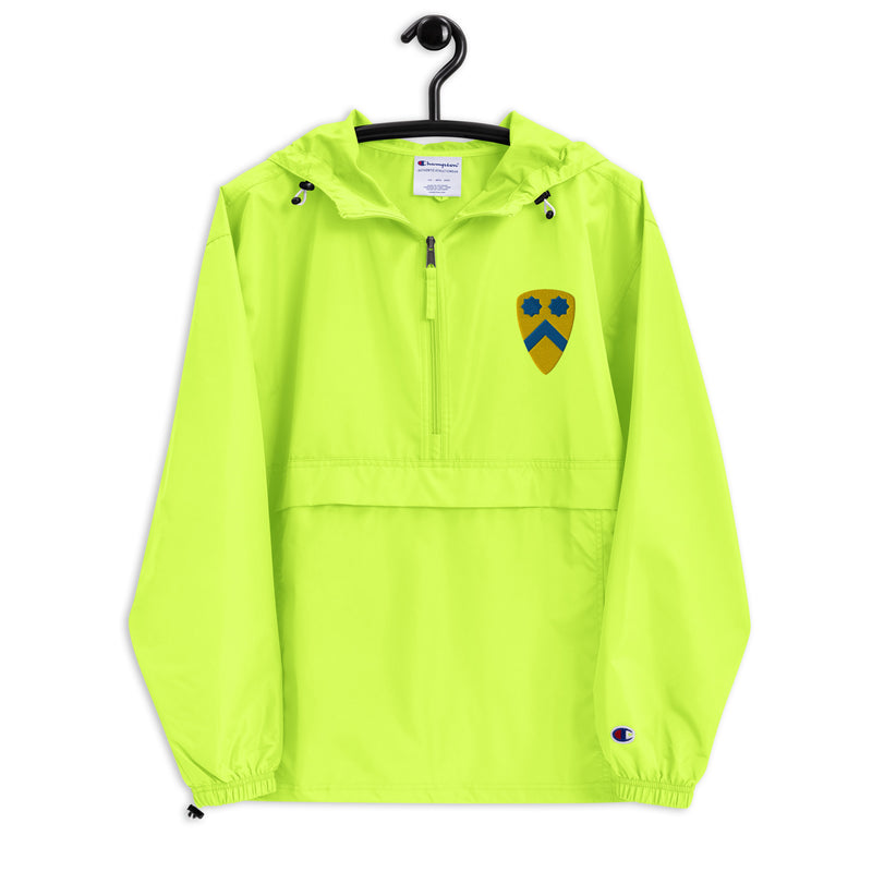 2nd Cavalry Division Safety Green Champion packable jacket with a detailed embroidered logo