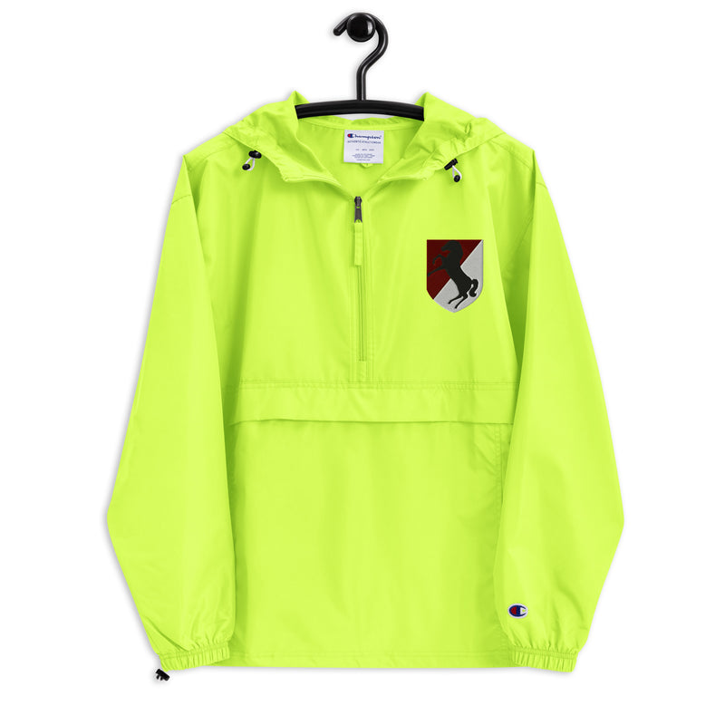 11th Armored Cavalry Regiment Safety Green Champion packable jacket with a detailed embroidered logo