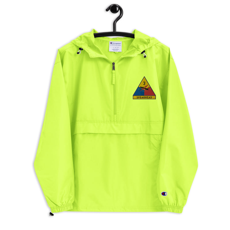 3rd Armored Division Safety Green Champion packable jacket with a detailed embroidered logo