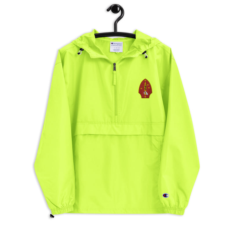 2nd Marine Division Safety Green Champion packable jacket with a detailed embroidered logo