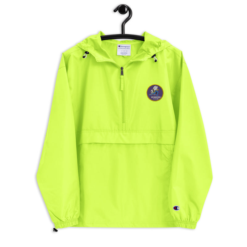 Navy Seabees Safety Green Champion packable jacket with a detailed embroidered logo