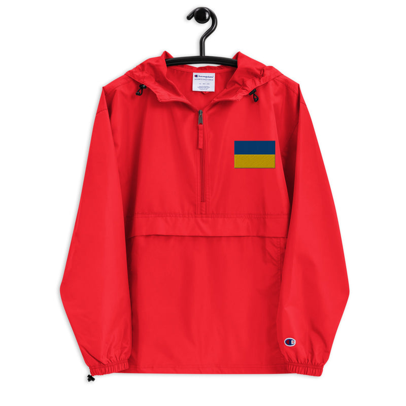 Ukrainian Flag Scarlet Champion packable jacket with a detailed embroidered logo
