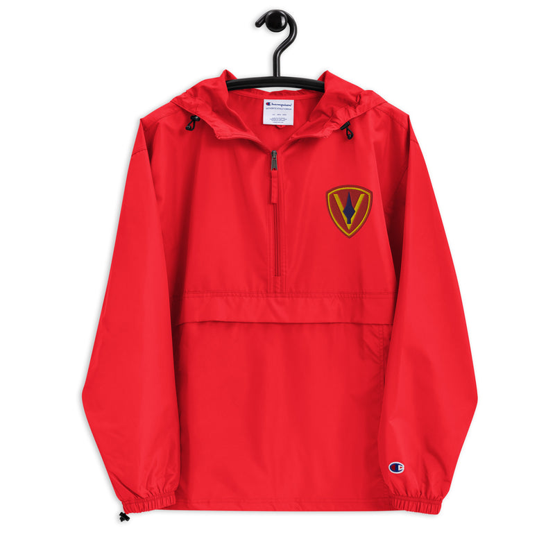 5th Marine Division Scarlet Champion packable jacket with a detailed embroidered logo