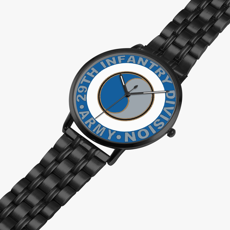 29th Infantry Division Watch is displayed in a perspective view on a white background with the black metal strap stretched out.