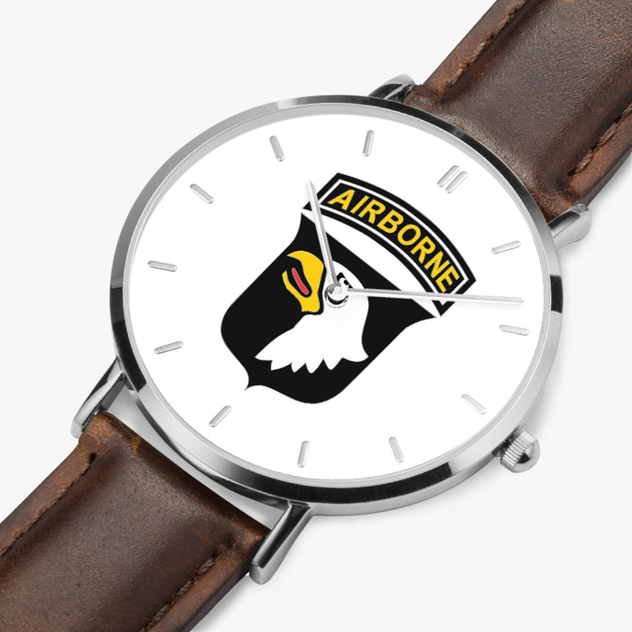101st Airborne Division-Ultra Thin Leather Strap Quartz Watch (Silver With Indicators)