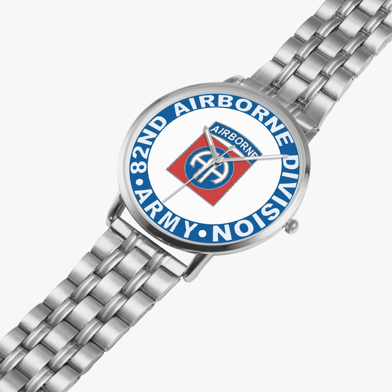 82nd Airborne Division Silvertone Watch is displayed in a perspective view on a white background with the silver metal strap stretched out.
