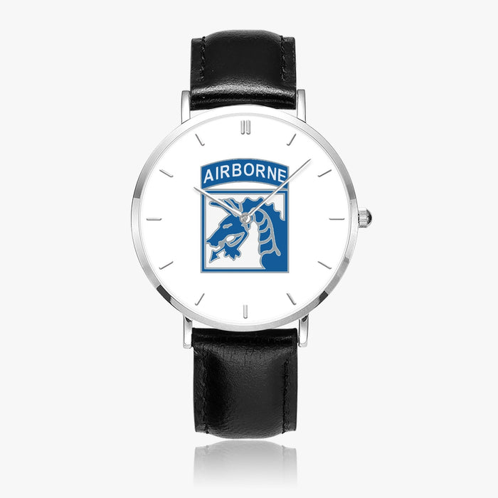 XVIII Airborne Corps-Ultra Thin Leather Strap Quartz Watch (Silver With Indicators)