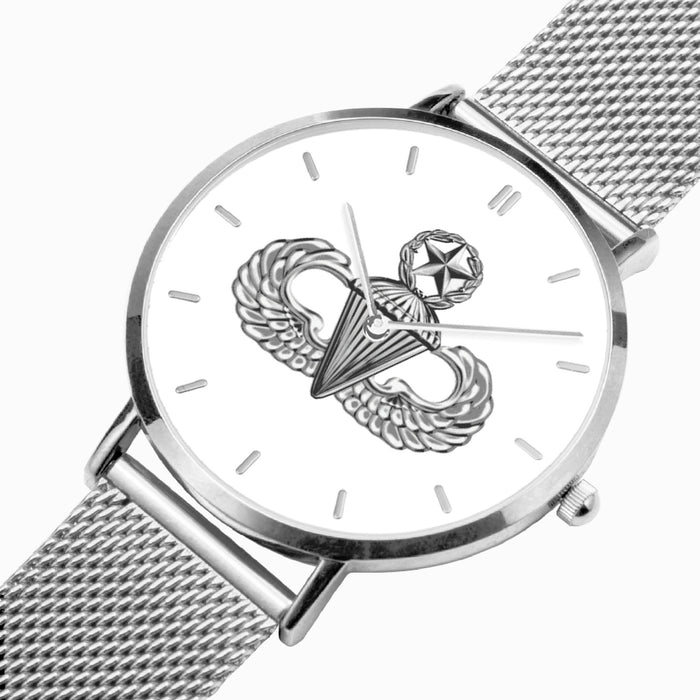Master Parachutist-Ultra Thin Leather Strap Quartz Watch (Silver With Indicators)