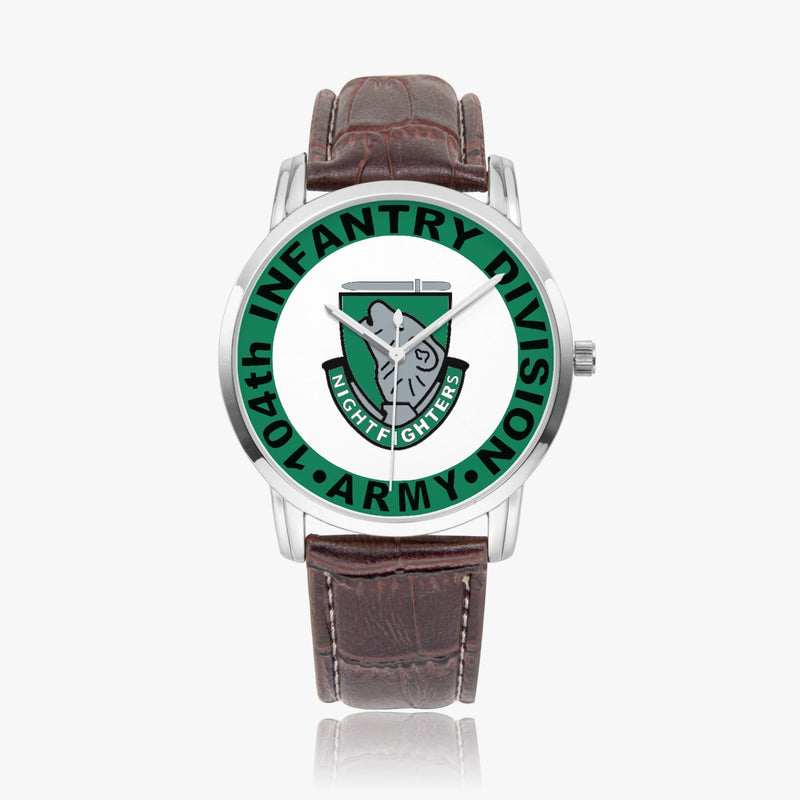 104th Infantry Division-Wide Type Silver Watch with a Brown Leather Band