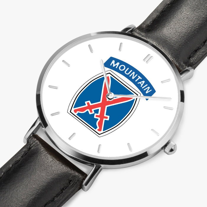 10th Mountain Division-Ultra Thin Leather Strap Quartz Watch (Silver With Indicators)
