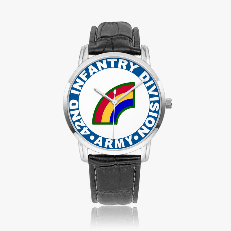 42nd Infantry Division-Wide Type Silver Watch with a Black Leather Band