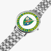 75th Ranger Regiment Silvertone Watch is displayed in a perspective view on a white background with the silver metal strap stretched out.