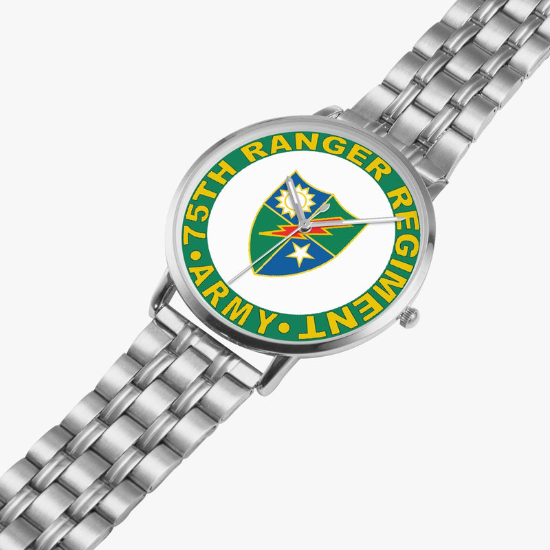 75th Ranger Regiment Silvertone Watch is displayed in a perspective view on a white background with the silver metal strap stretched out.