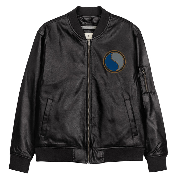 The 29th Infantry Division Embroidered Black Leather Bomber Jacket featuring a front zipper, front pockets, and a small zippered pocket on the left sleeve.