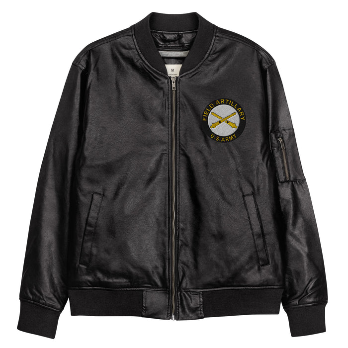 The US Army Field Artillery Embroidered Black Leather Bomber Jacket featuring a front zipper, front pockets, and a small zippered pocket on the left sleeve.