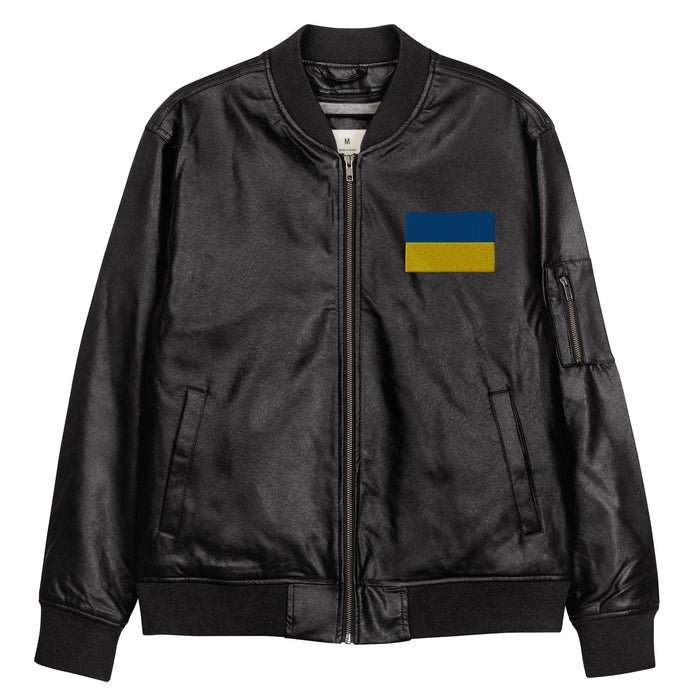 Ukrainian Flag Embroidered Leather Bomber Jacket