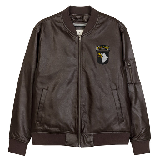 The 101st Airborne Embroidered Brown Leather Bomber Jacket featuring a front zipper, front pockets, and a small zippered pocket on the left sleeve.