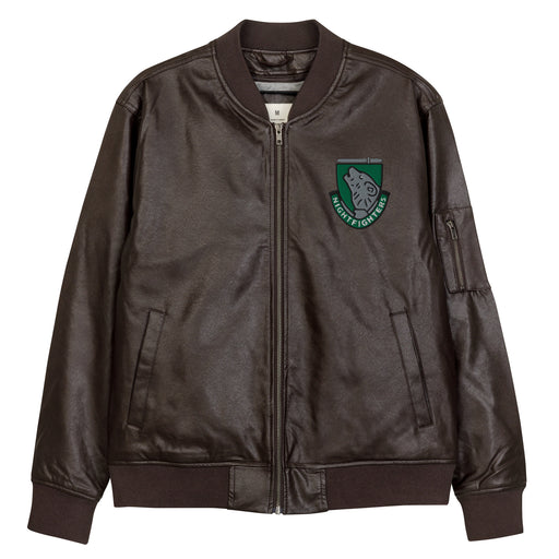 The 104th Infantry Division Embroidered Brown Leather Bomber Jacket featuring a front zipper, front pockets, and a small zippered pocket on the left sleeve.