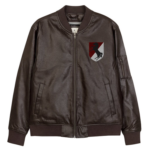 The 11th Armored Cavalry Regiment Embroidered Brown Leather Bomber Jacket featuring a front zipper, front pockets, and a small zippered pocket on the left sleeve.