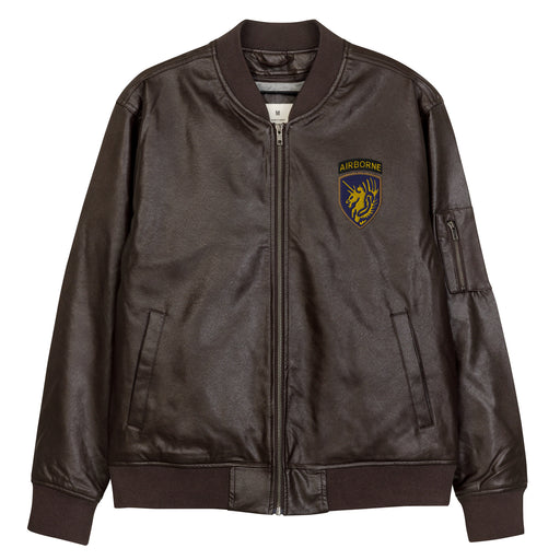 The 13th Airborne Division Embroidered Brown Leather Bomber Jacket featuring a front zipper, front pockets, and a small zippered pocket on the left sleeve.