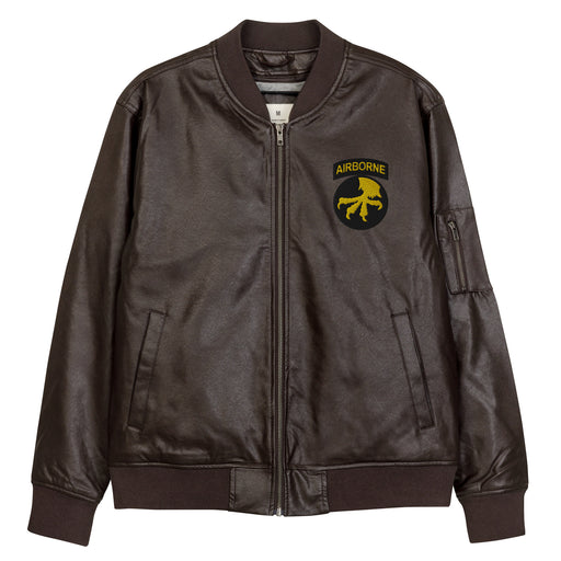 The 17th Airborne Division Embroidered Brown Leather Bomber Jacket featuring a front zipper, front pockets, and a small zippered pocket on the left sleeve.