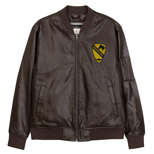 The 1st Air Cavalry Brigade Embroidered Brown Leather Bomber Jacket featuring a front zipper, front pockets, and a small zippered pocket on the left sleeve.