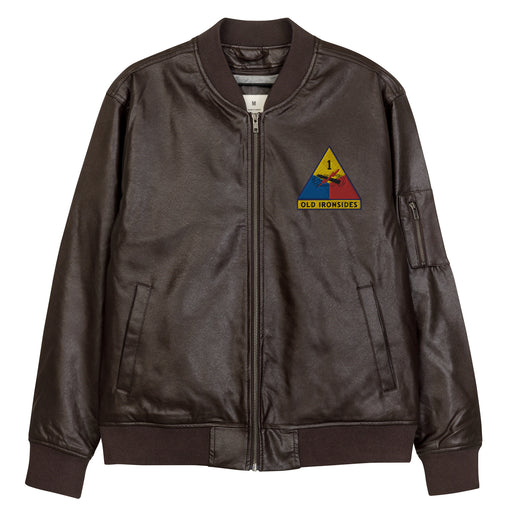 The 1st Armored Division Embroidered Brown Leather Bomber Jacket featuring a front zipper, front pockets, and a small zippered pocket on the left sleeve.