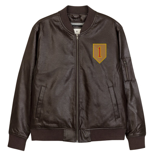 The 1st Infantry Division Embroidered Brown Leather Bomber Jacket featuring a front zipper, front pockets, and a small zippered pocket on the left sleeve.