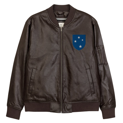 The 23rd Infantry Division Embroidered Brown Leather Bomber Jacket featuring a front zipper, front pockets, and a small zippered pocket on the left sleeve.