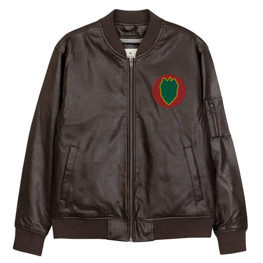 The 24th Infantry Division Embroidered Brown Leather Bomber Jacket featuring a front zipper, front pockets, and a small zippered pocket on the left sleeve.