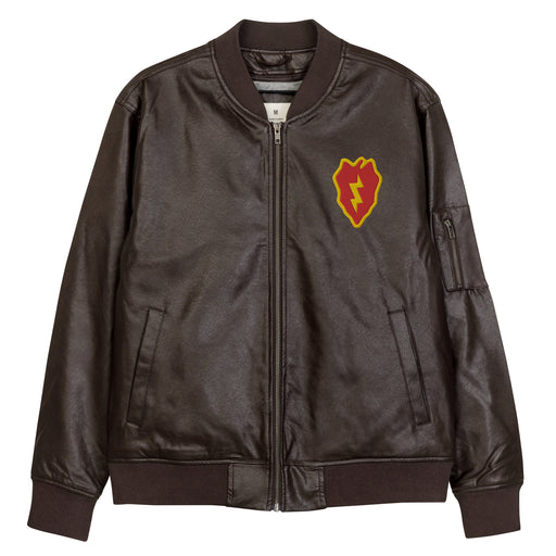 The 25th Infantry Division Embroidered Brown Leather Bomber Jacket featuring a front zipper, front pockets, and a small zippered pocket on the left sleeve.