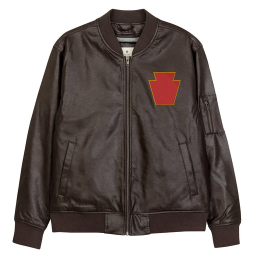 The 28th Infantry Division Embroidered Brown Leather Bomber Jacket featuring a front zipper, front pockets, and a small zippered pocket on the left sleeve.