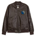 The 29th Infantry Division Embroidered Brown Leather Bomber Jacket featuring a front zipper, front pockets, and a small zippered pocket on the left sleeve.