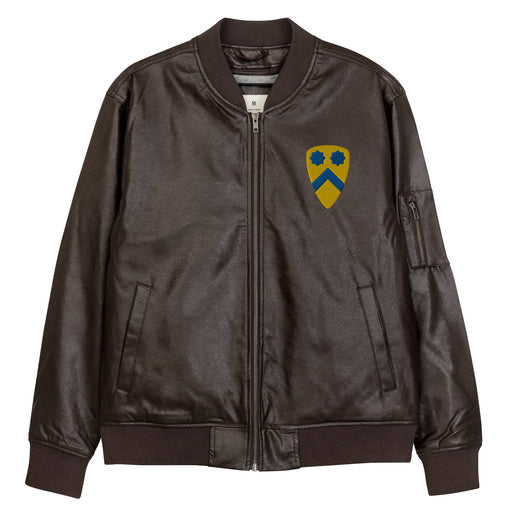 The 2nd Cavalry Division Embroidered Brown Leather Bomber Jacket featuring a front zipper, front pockets, and a small zippered pocket on the left sleeve.