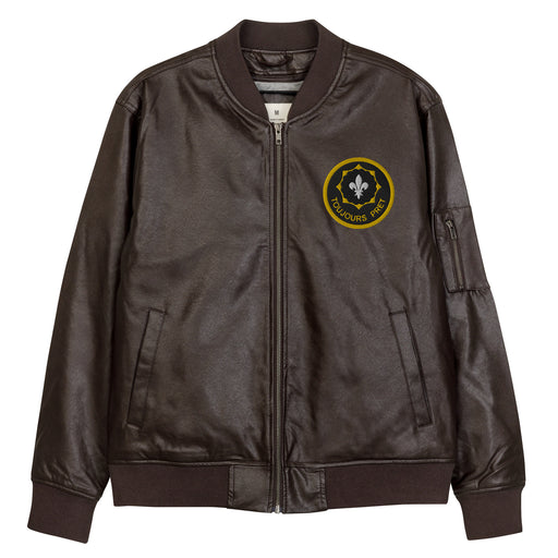 The 2nd Cavalry Regiment Embroidered Brown Leather Bomber Jacket featuring a front zipper, front pockets, and a small zippered pocket on the left sleeve.