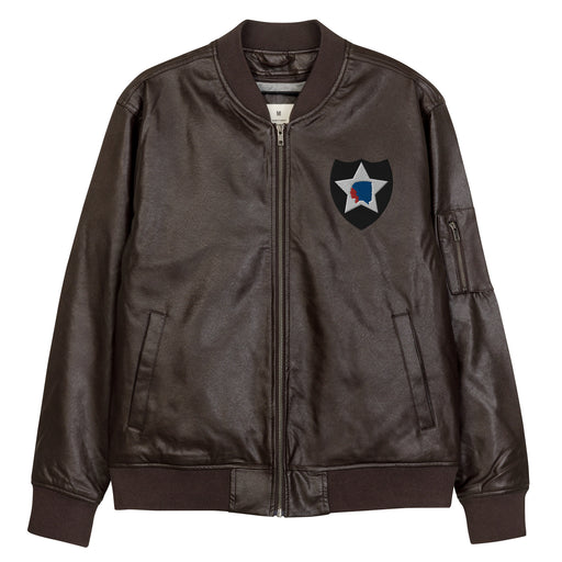 The 2nd Infantry Division Embroidered Brown Leather Bomber Jacket featuring a front zipper, front pockets, and a small zippered pocket on the left sleeve.