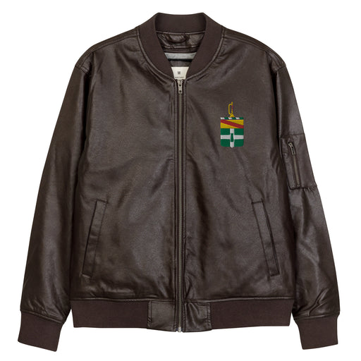 The 3rd Cavalry Regiment Embroidered Brown Leather Bomber Jacket featuring a front zipper, front pockets, and a small zippered pocket on the left sleeve.