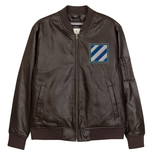 The 3rd Infantry Division Embroidered Brown Leather Bomber Jacket featuring a front zipper, front pockets, and a small zippered pocket on the left sleeve.