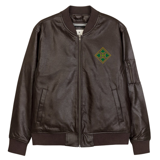 The 4th Infantry Division Embroidered Brown Leather Bomber Jacket featuring a front zipper, front pockets, and a small zippered pocket on the left sleeve.