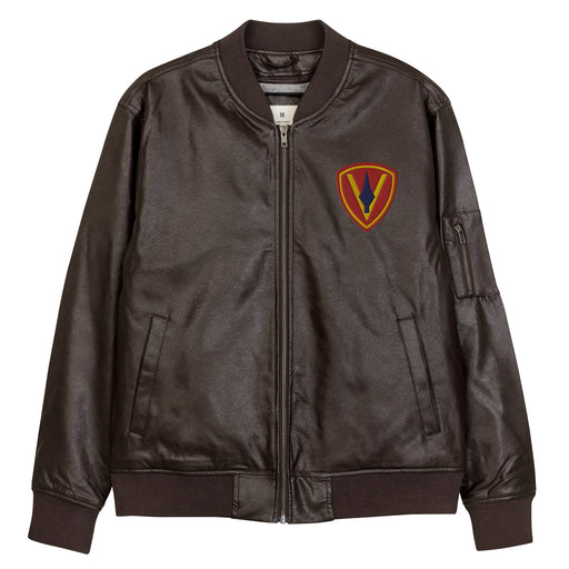 The 5th Marine Division Embroidered Brown Leather Bomber Jacket featuring a front zipper, front pockets, and a small zippered pocket on the left sleeve.