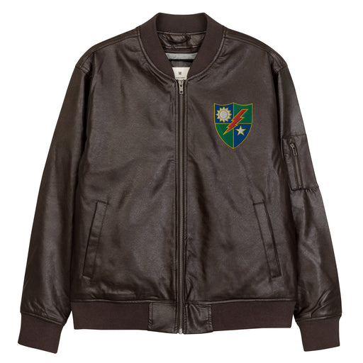 The 75th Ranger Regiment Embroidered Brown Leather Bomber Jacket featuring a front zipper, front pockets, and a small zippered pocket on the left sleeve.