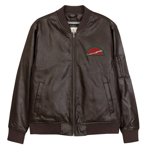 The 78th Infantry Division Embroidered Brown Leather Bomber Jacket featuring a front zipper, front pockets, and a small zippered pocket on the left sleeve.