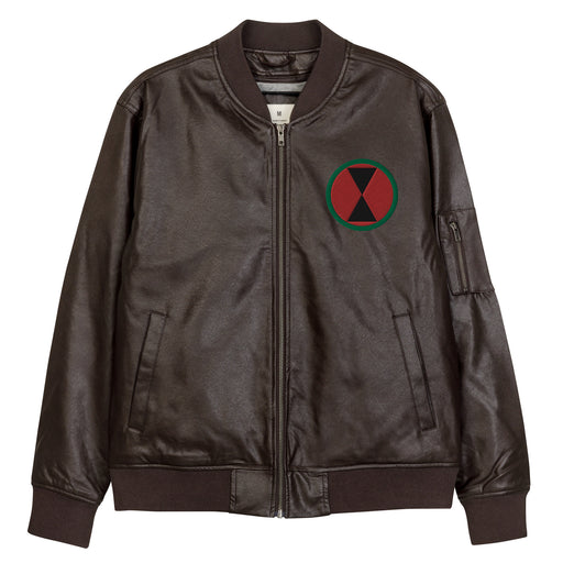 The 7th Infantry Division Embroidered Brown Leather Bomber Jacket featuring a front zipper, front pockets, and a small zippered pocket on the left sleeve.