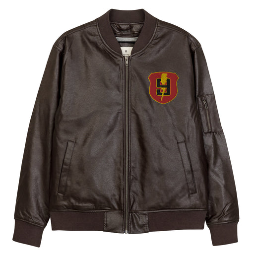 The 9th Regiment Embroidered Brown Leather Bomber Jacket featuring a front zipper, front pockets, and a small zippered pocket on the left sleeve.