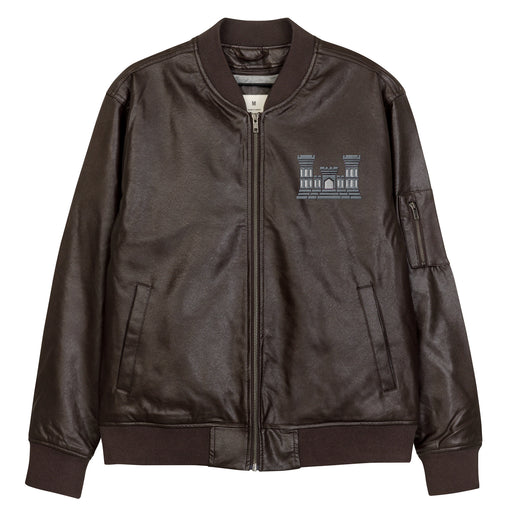 The Combat Engineer Embroidered Brown Leather Bomber Jacket featuring a front zipper, front pockets, and a small zippered pocket on the left sleeve.